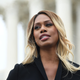 Laverne Cox speaks to demonstrators in favor of LGBT rights rally outside the US Supreme Court in Washington, DC, October 8, 2019.